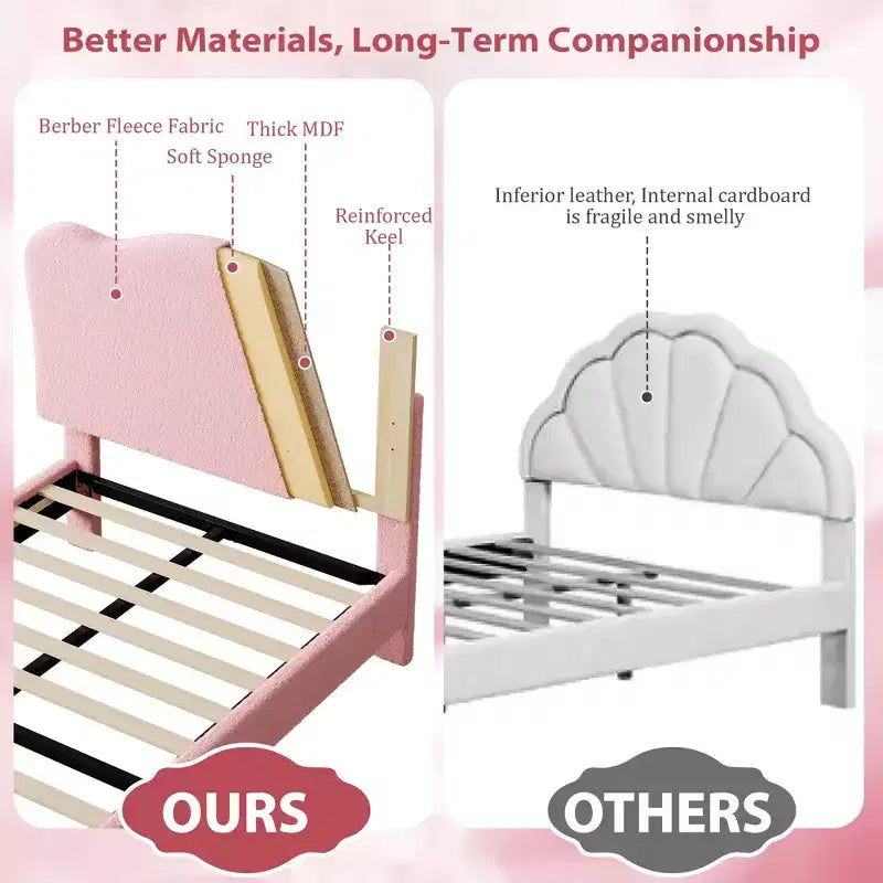 Upholstered Twin Bed Frame with Scalloped Headboard,Cute Velvet Platform Bed with Wooden Slats, No Box Spring Needed for Kids/Boys/Girls