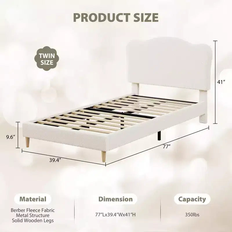 Upholstered Twin Bed Frame with Scalloped Headboard,Cute Velvet Platform Bed with Wooden Slats, No Box Spring Needed for Kids/Boys/Girls