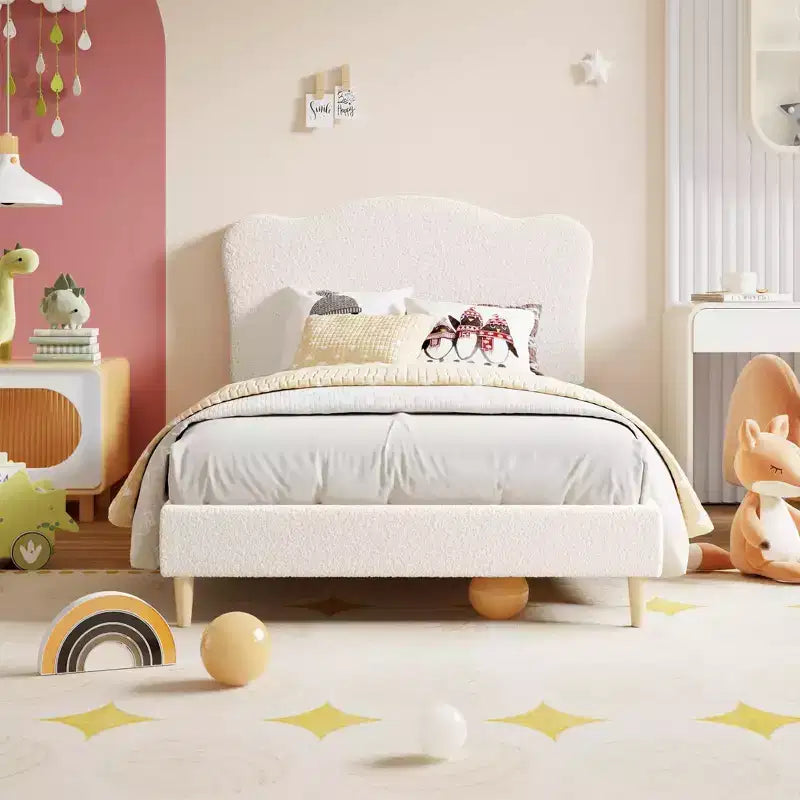 Upholstered Twin Bed Frame with Scalloped Headboard,Cute Velvet Platform Bed with Wooden Slats, No Box Spring Needed for Kids/Boys/Girls