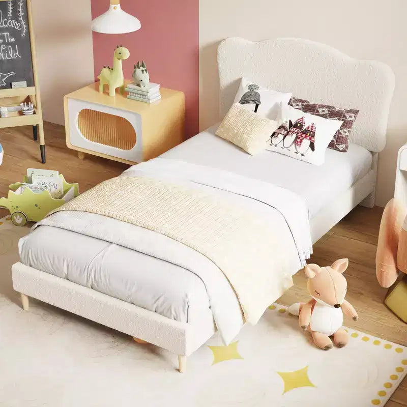 Upholstered Twin Bed Frame with Scalloped Headboard,Cute Velvet Platform Bed with Wooden Slats, No Box Spring Needed for Kids/Boys/Girls
