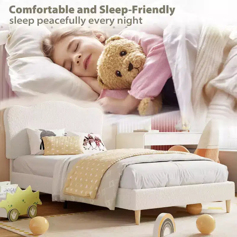 Upholstered Twin Bed Frame with Scalloped Headboard,Cute Velvet Platform Bed with Wooden Slats, No Box Spring Needed for Kids/Boys/Girls