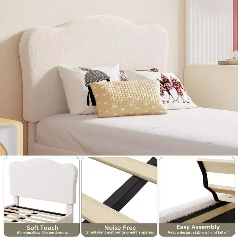 Upholstered Twin Bed Frame with Scalloped Headboard,Cute Velvet Platform Bed with Wooden Slats, No Box Spring Needed for Kids/Boys/Girls