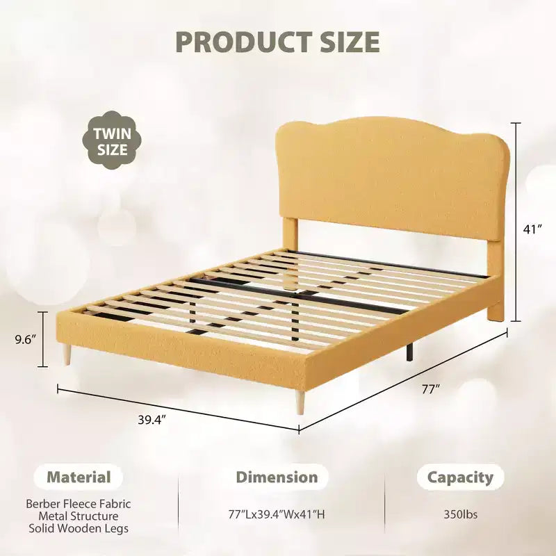 Upholstered Twin Bed Frame with Scalloped Headboard,Cute Velvet Platform Bed with Wooden Slats, No Box Spring Needed for Kids/Boys/Girls