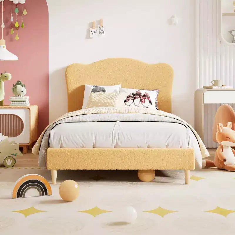 Upholstered Twin Bed Frame with Scalloped Headboard,Cute Velvet Platform Bed with Wooden Slats, No Box Spring Needed for Kids/Boys/Girls
