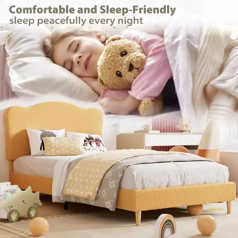 Upholstered Twin Bed Frame with Scalloped Headboard,Cute Velvet Platform Bed with Wooden Slats, No Box Spring Needed for Kids/Boys/Girls