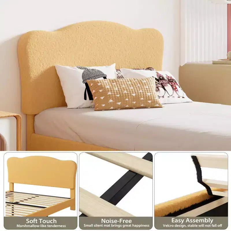 Upholstered Twin Bed Frame with Scalloped Headboard,Cute Velvet Platform Bed with Wooden Slats, No Box Spring Needed for Kids/Boys/Girls