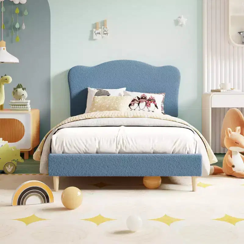 Upholstered Twin Bed Frame with Scalloped Headboard,Cute Velvet Platform Bed with Wooden Slats, No Box Spring Needed for Kids/Boys/Girls