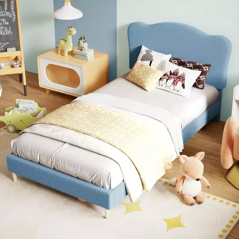 Upholstered Twin Bed Frame with Scalloped Headboard,Cute Velvet Platform Bed with Wooden Slats, No Box Spring Needed for Kids/Boys/Girls