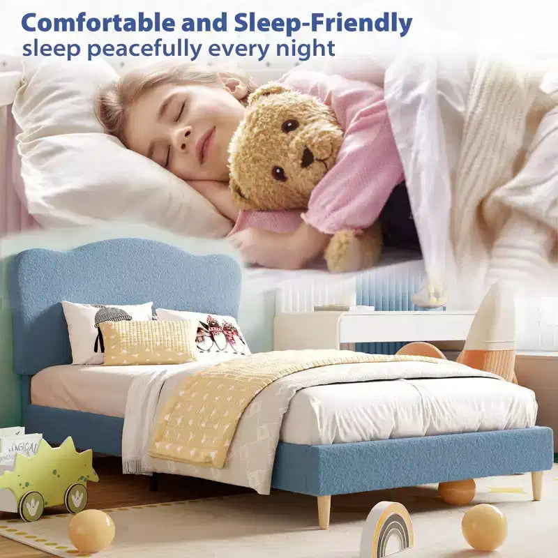 Upholstered Twin Bed Frame with Scalloped Headboard,Cute Velvet Platform Bed with Wooden Slats, No Box Spring Needed for Kids/Boys/Girls