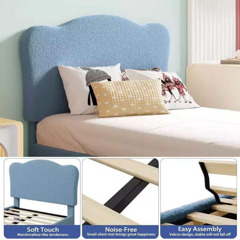 Upholstered Twin Bed Frame with Scalloped Headboard,Cute Velvet Platform Bed with Wooden Slats, No Box Spring Needed for Kids/Boys/Girls
