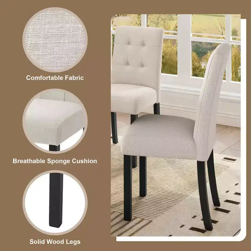 MAYEERTY 4-Piece Modern Tufted Dining Chair, Linen Upholstered, Black Rubber Wood Legs