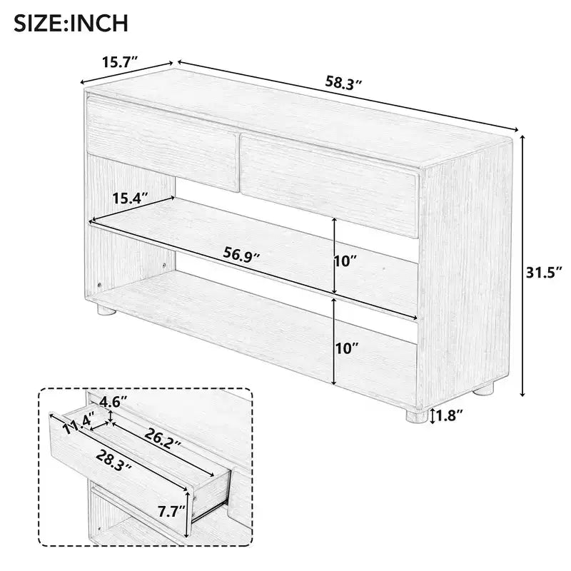 58 Inch Narrow Entryway Console Table with 2 Drawers, 3-Tier Sofa Table for Behind Couch, Hallway & Living Room