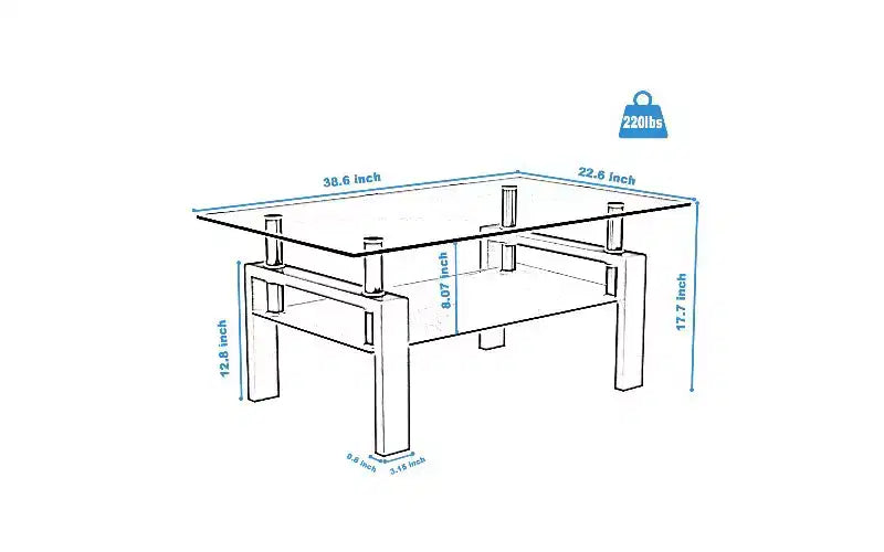 TUYOHW Double-Layer Glass Coffee Table with Iron Frame, 220Lbs Capacity Center Table for Living Room Office, Modern Side Table Tea Table