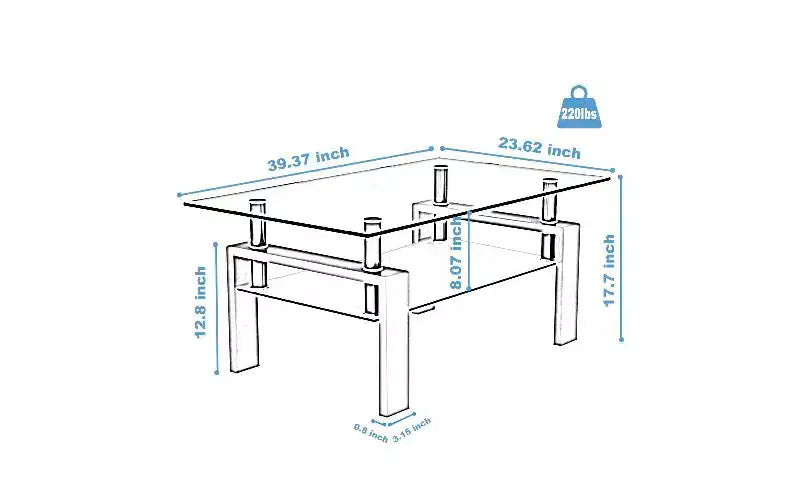 TUYOHW Double-Layer Glass Coffee Table with Iron Frame, 220Lbs Capacity Center Table for Living Room Office, Modern Side Table Tea Table
