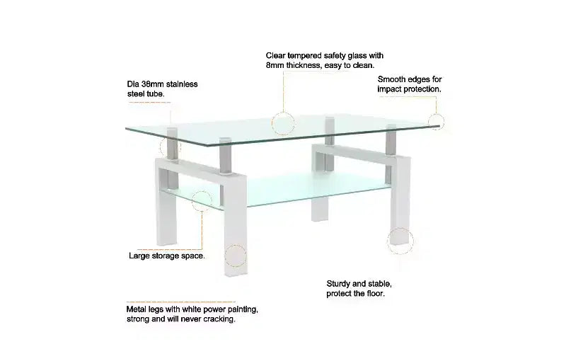 TUYOHW Double-Layer Glass Coffee Table with Iron Frame, 220Lbs Capacity Center Table for Living Room Office, Modern Side Table Tea Table