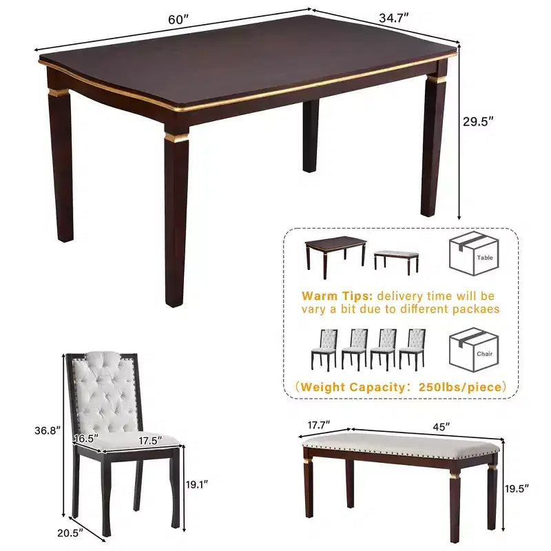 MAYEERTY 6-Piece Dining Set, 60 Table, 4 Tufted Chairs & Bench