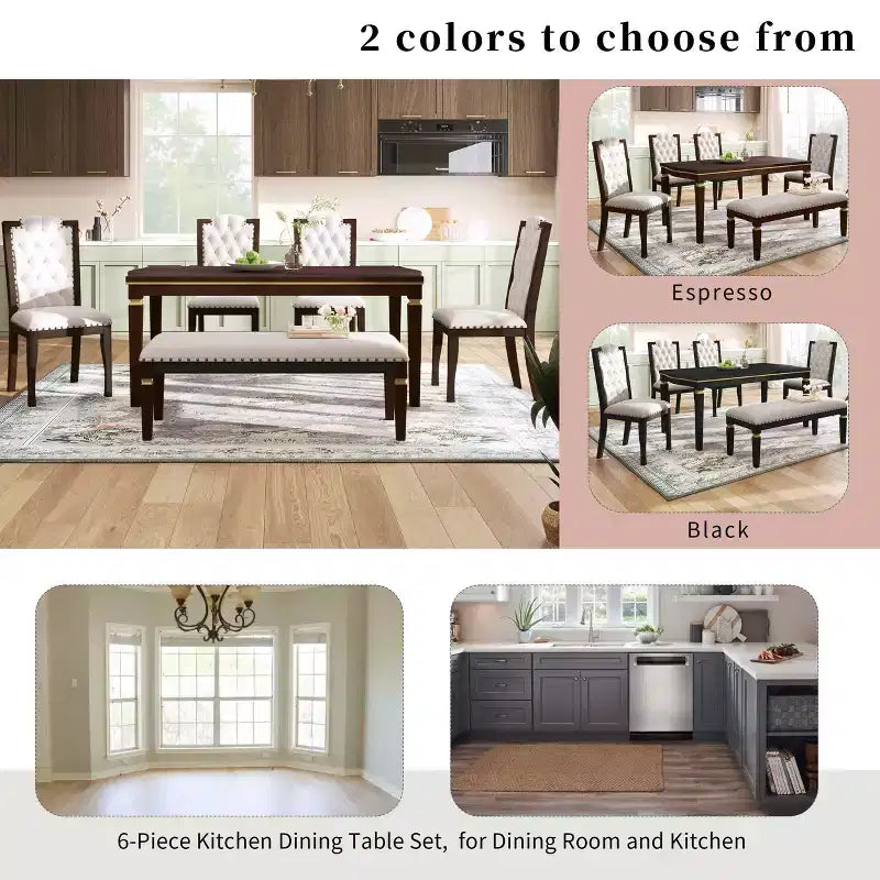 MAYEERTY 6-Piece Dining Set, 60 Table, 4 Tufted Chairs & Bench