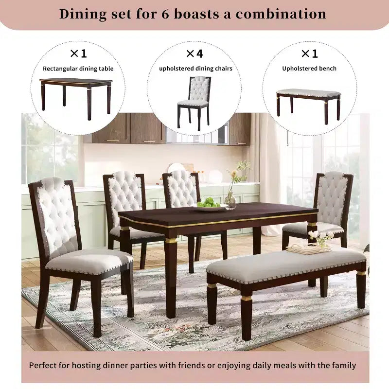 MAYEERTY 6-Piece Dining Set, 60 Table, 4 Tufted Chairs & Bench