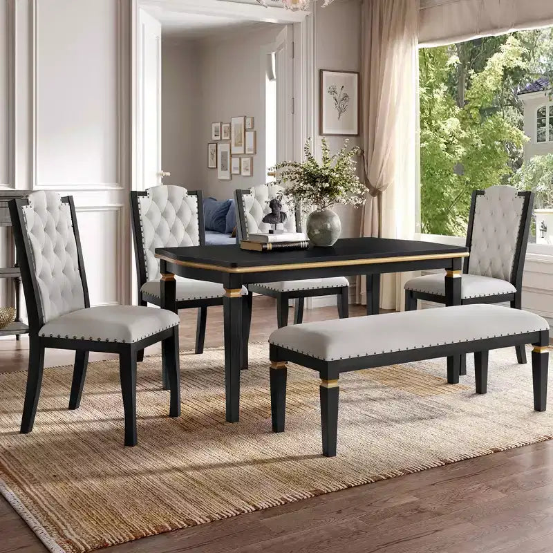 MAYEERTY 6-Piece Dining Set, 60 Table, 4 Tufted Chairs & Bench
