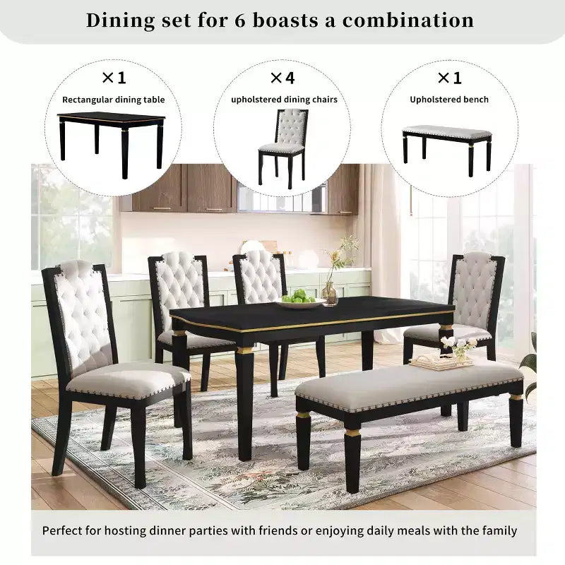 MAYEERTY 6-Piece Dining Set, 60 Table, 4 Tufted Chairs & Bench