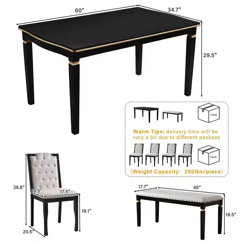 MAYEERTY 6-Piece Dining Set, 60 Table, 4 Tufted Chairs & Bench