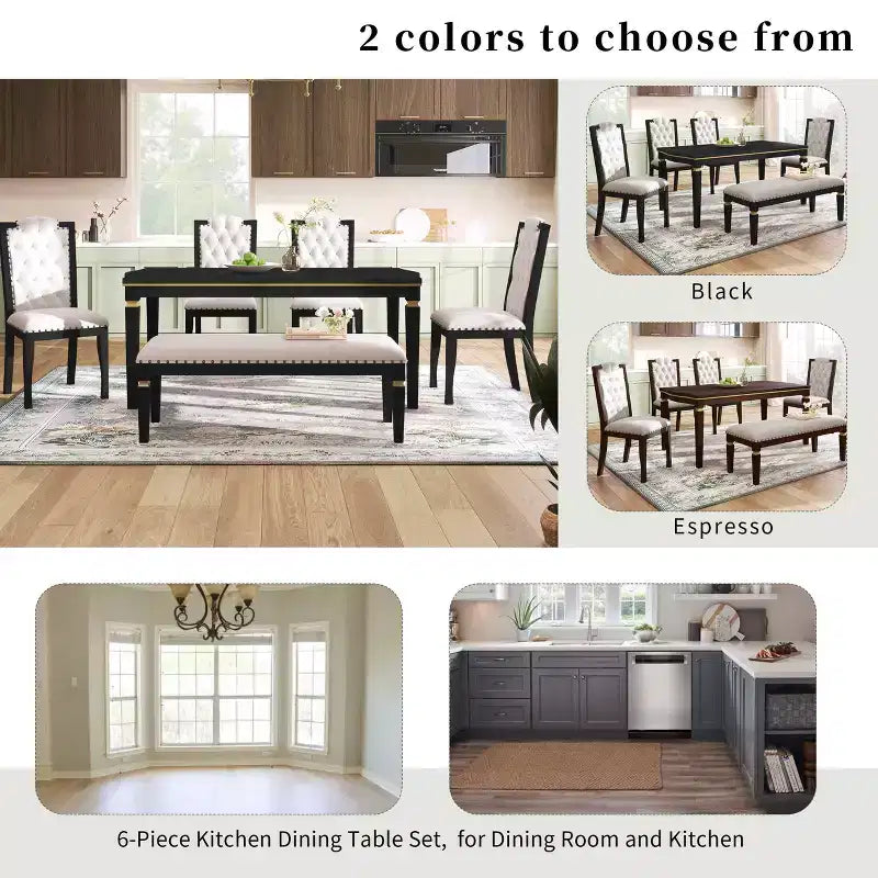 MAYEERTY 6-Piece Dining Set, 60 Table, 4 Tufted Chairs & Bench