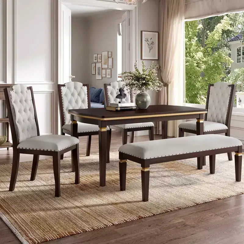 MAYEERTY 6-Piece Dining Set, 60 Table, 4 Tufted Chairs & Bench