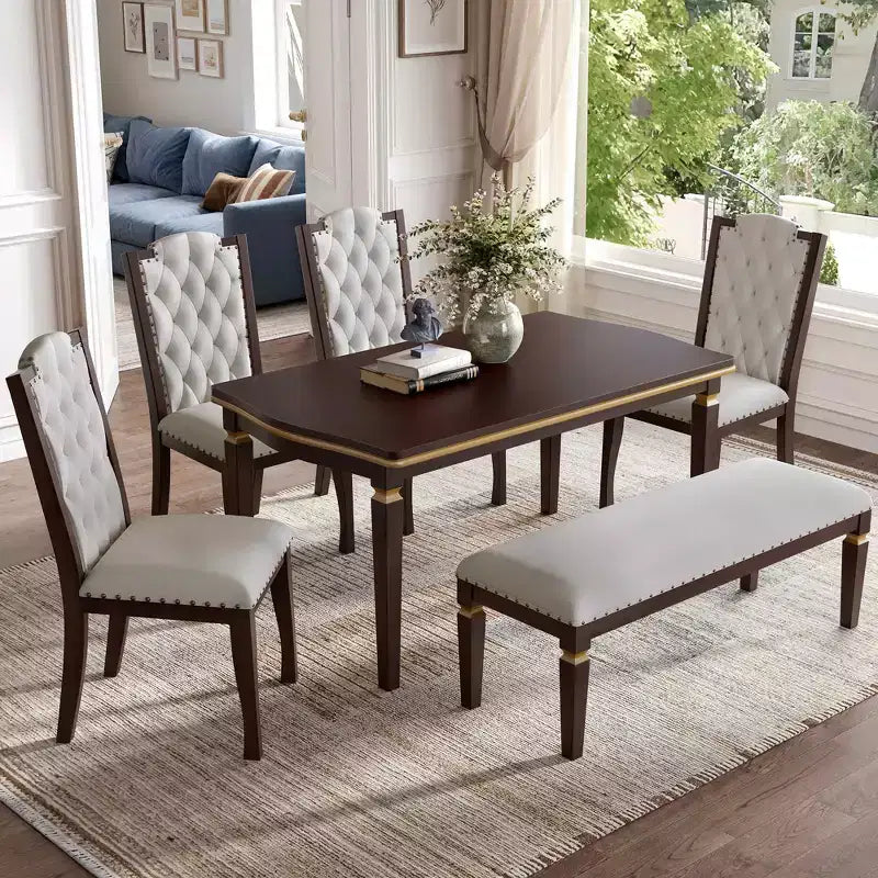 MAYEERTY 6-Piece Dining Set, 60 Table, 4 Tufted Chairs & Bench