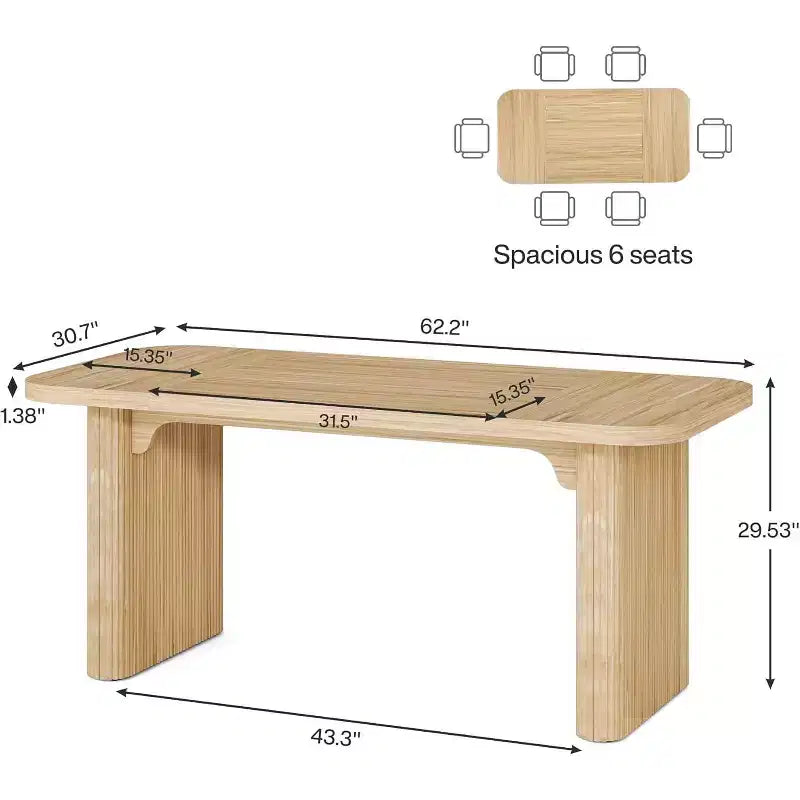 Lantine Modern Dining Table for 6 People, 62-Inch Wooden Kitchen Dinner Table with Double Robust Pedestal for Dining Room