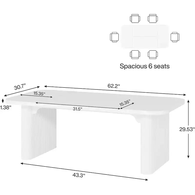Lantine Modern Dining Table for 6 People, 62-Inch Wooden Kitchen Dinner Table with Double Robust Pedestal for Dining Room