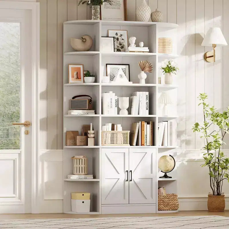 COZONY 6-Tier Bookcase with Doors, Wide Storage Shelf w/ Open & Closed Sections for Living Room