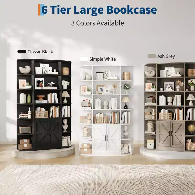 COZONY 6-Tier Bookcase with Doors, Wide Storage Shelf w/ Open & Closed Sections for Living Room