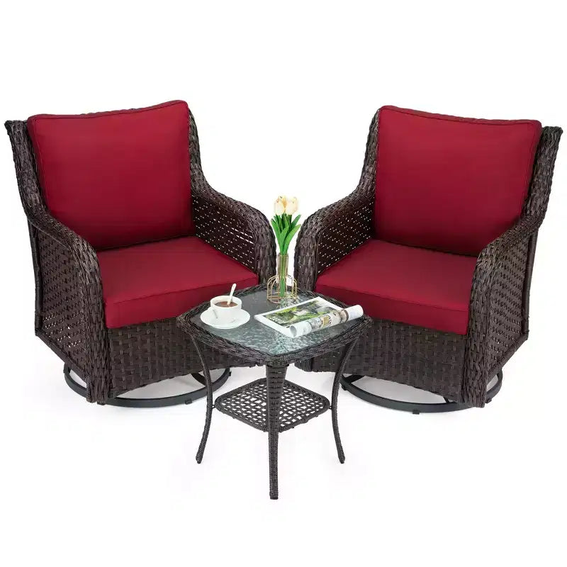 3-Piece Outdoor Wicker Patio Bistro Set with 360-Degree Swivel Rocking Chairs and Tempered Glass Side Table for Porch Garden