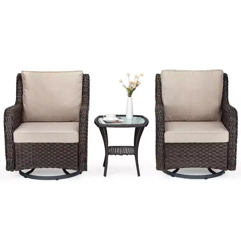 3-Piece Outdoor Wicker Patio Bistro Set with 360-Degree Swivel Rocking Chairs and Tempered Glass Side Table for Porch Garden