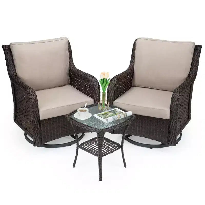 3-Piece Outdoor Wicker Patio Bistro Set with 360-Degree Swivel Rocking Chairs and Tempered Glass Side Table for Porch Garden