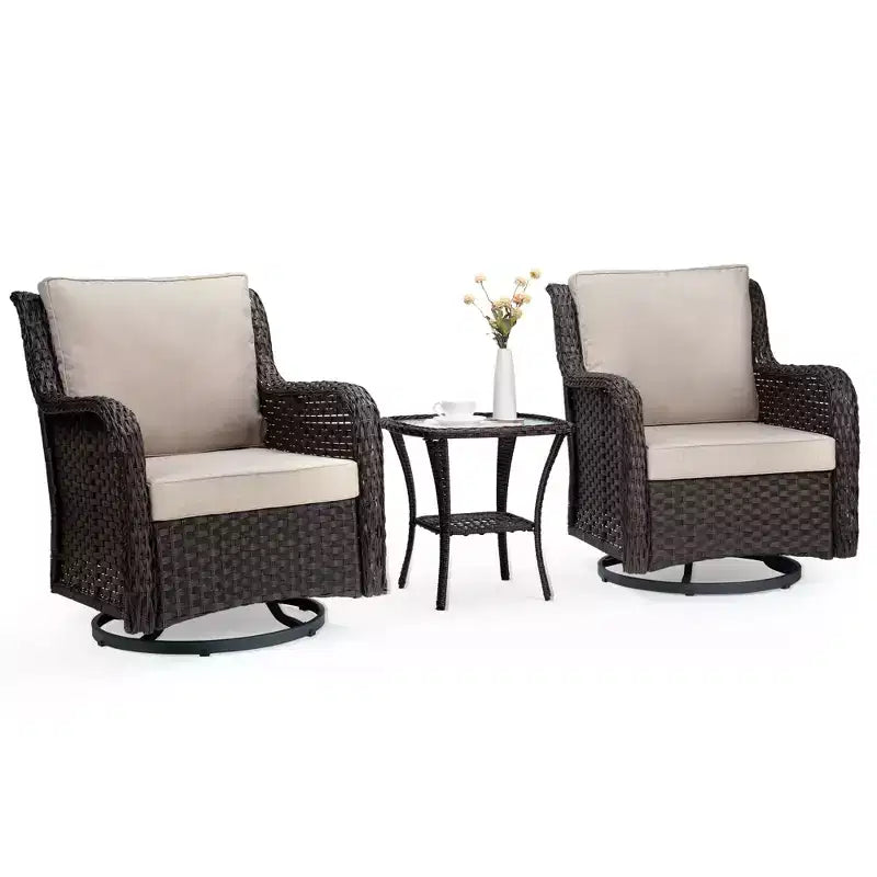 3-Piece Outdoor Wicker Patio Bistro Set with 360-Degree Swivel Rocking Chairs and Tempered Glass Side Table for Porch Garden