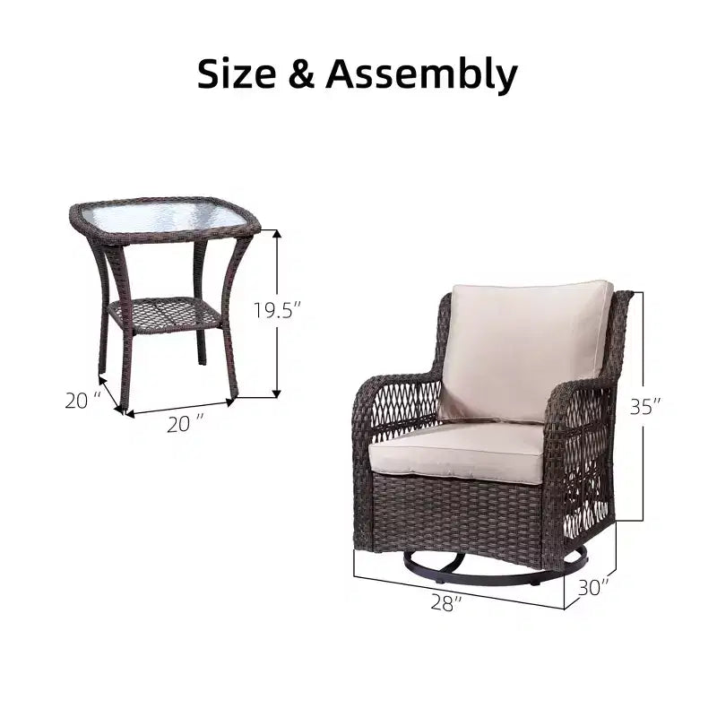 3-Piece Outdoor Wicker Patio Bistro Set with 360-Degree Swivel Rocking Chairs and Tempered Glass Side Table for Porch Garden