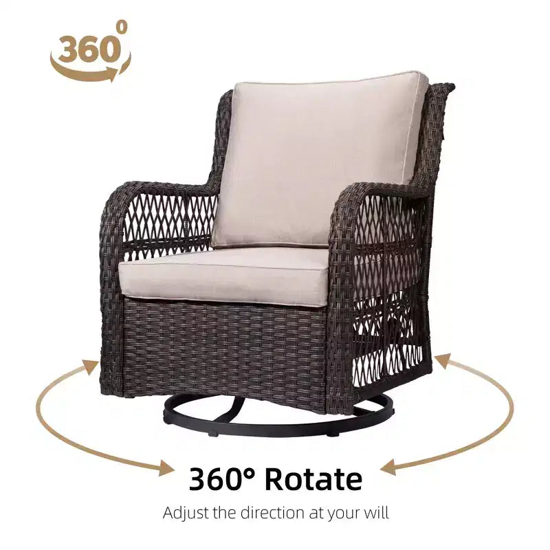 3-Piece Outdoor Wicker Patio Bistro Set with 360-Degree Swivel Rocking Chairs and Tempered Glass Side Table for Porch Garden