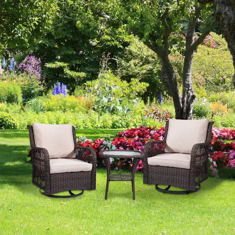 3-Piece Outdoor Wicker Patio Bistro Set with 360-Degree Swivel Rocking Chairs and Tempered Glass Side Table for Porch Garden