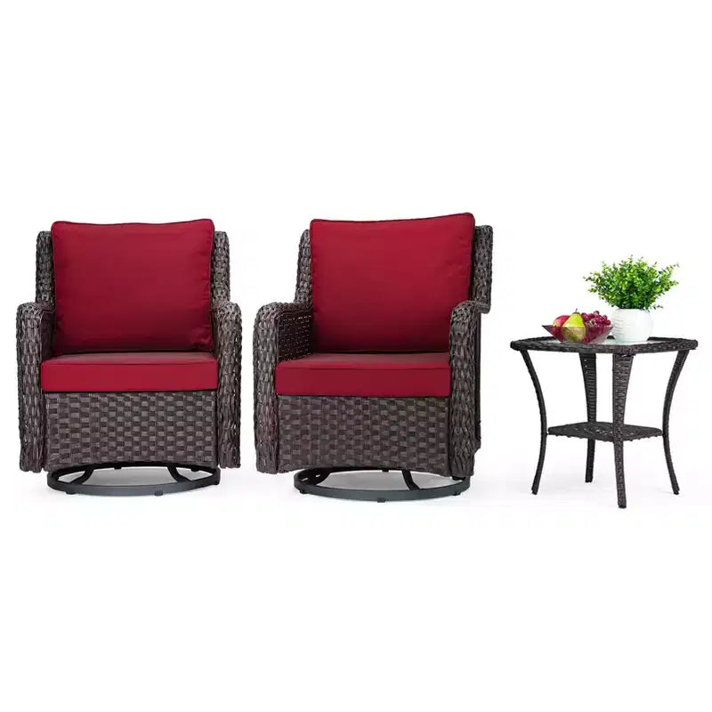 3-Piece Outdoor Wicker Patio Bistro Set with 360-Degree Swivel Rocking Chairs and Tempered Glass Side Table for Porch Garden