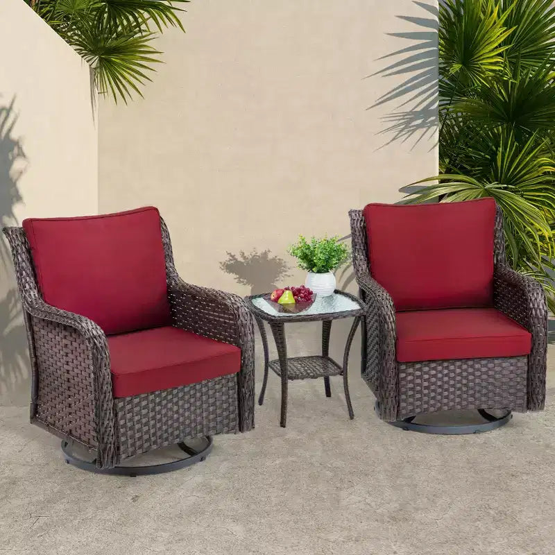 3-Piece Outdoor Wicker Patio Bistro Set with 360-Degree Swivel Rocking Chairs and Tempered Glass Side Table for Porch Garden