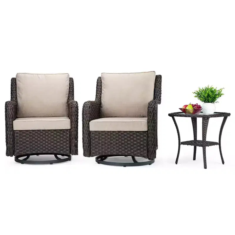 3-Piece Outdoor Wicker Patio Bistro Set with 360-Degree Swivel Rocking Chairs and Tempered Glass Side Table for Porch Garden