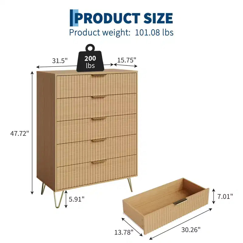 5 Drawer Dresser for Bedroom, 31.5W Wooden Chest of Drawers, Fluted Clothes Storage Organizer, Dresser Narrow Nightstand for Living Room