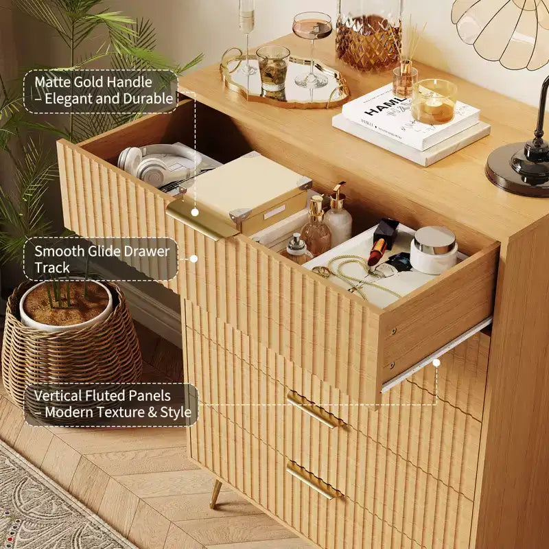 5 Drawer Dresser for Bedroom, 31.5W Wooden Chest of Drawers, Fluted Clothes Storage Organizer, Dresser Narrow Nightstand for Living Room