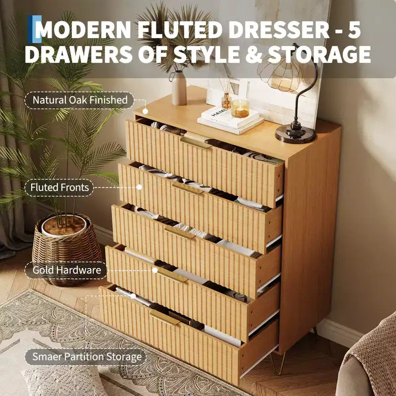 5 Drawer Dresser for Bedroom, 31.5W Wooden Chest of Drawers, Fluted Clothes Storage Organizer, Dresser Narrow Nightstand for Living Room