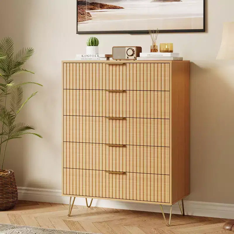 5 Drawer Dresser for Bedroom, 31.5W Wooden Chest of Drawers, Fluted Clothes Storage Organizer, Dresser Narrow Nightstand for Living Room