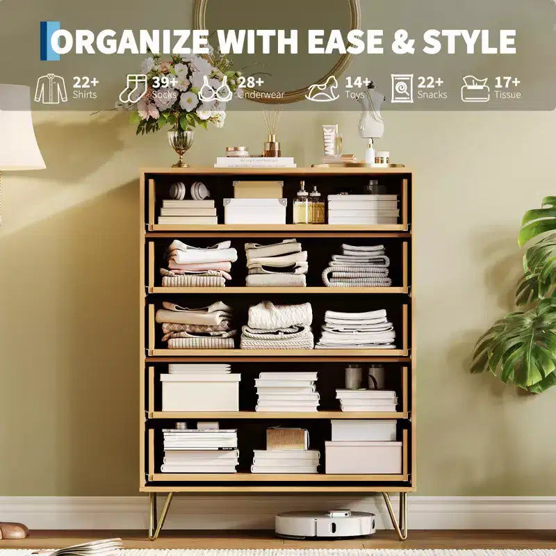 5 Drawer Dresser for Bedroom, 31.5W Wooden Chest of Drawers, Fluted Clothes Storage Organizer, Dresser Narrow Nightstand for Living Room