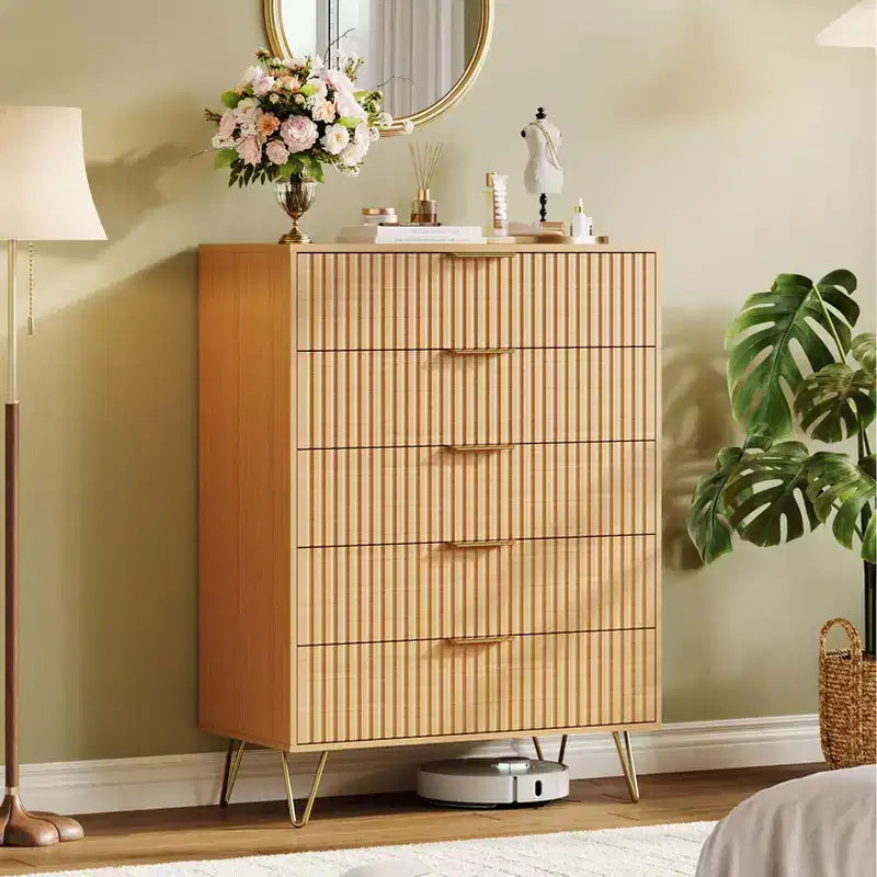 5 Drawer Dresser for Bedroom, 31.5W Wooden Chest of Drawers, Fluted Clothes Storage Organizer, Dresser Narrow Nightstand for Living Room
