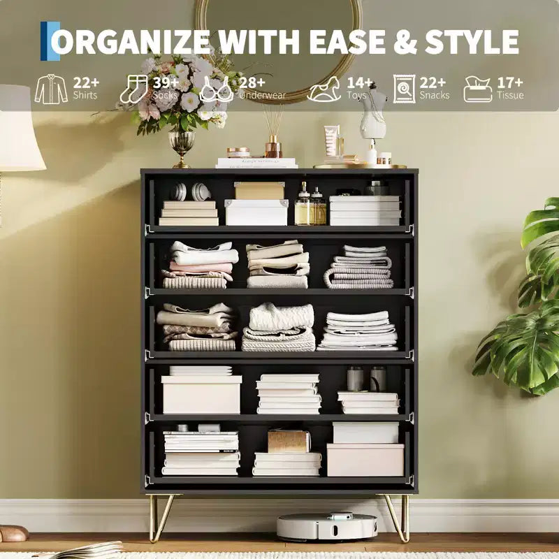 5 Drawer Dresser for Bedroom, 31.5W Wooden Chest of Drawers, Fluted Clothes Storage Organizer, Dresser Narrow Nightstand for Living Room
