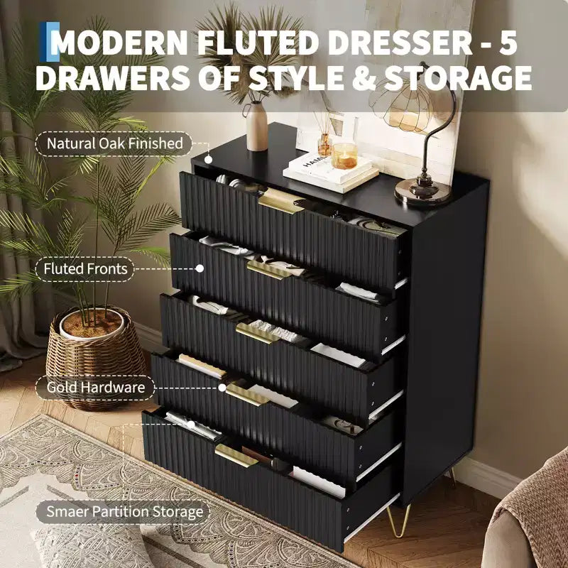 5 Drawer Dresser for Bedroom, 31.5W Wooden Chest of Drawers, Fluted Clothes Storage Organizer, Dresser Narrow Nightstand for Living Room